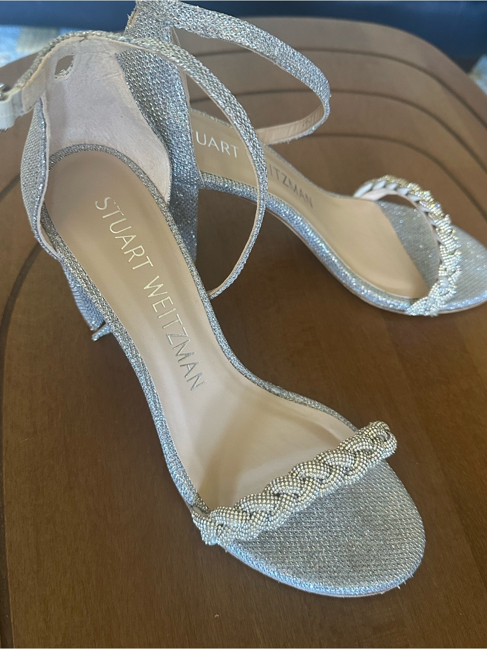 Stuart Weitzman Silver NearlyNude HiShine embellished heels